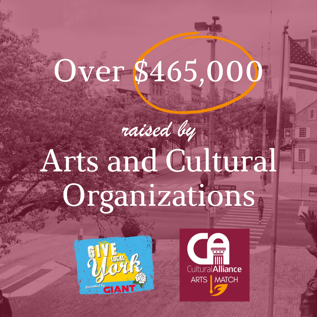 White writing on red background says "Over $465,000 raise by Arts and Cultural Organizations"