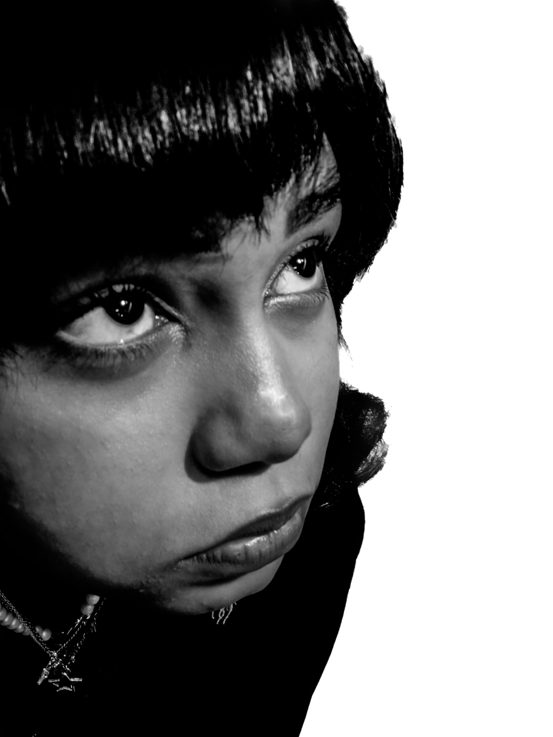 Closeup portrait of a child in black and white